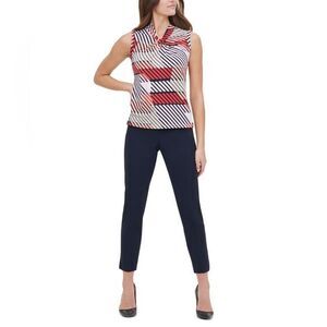 Tommy Hilfiger Women's Printed Knot Neck Shell Blue Size Large‎